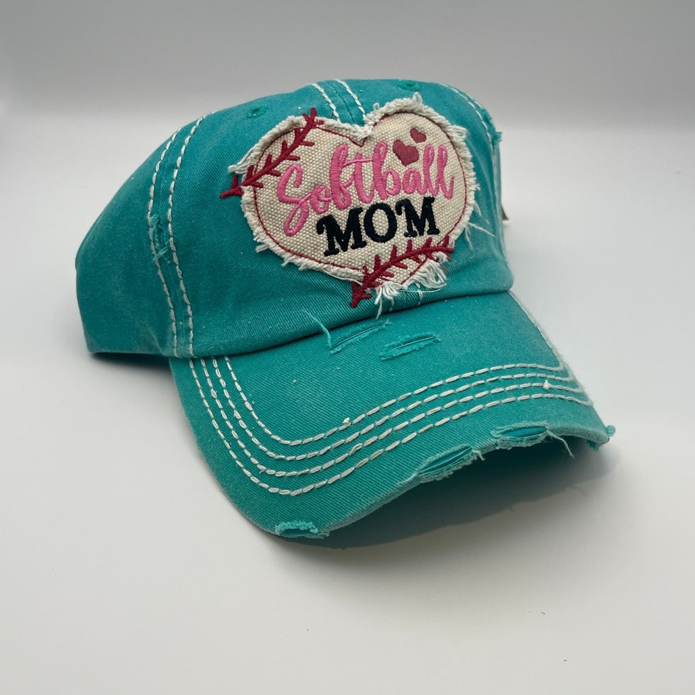 KBETHOS Vintage Softball Mom Distressed Baseball Cap Teal Pink Heart Hat NEW